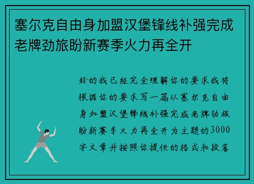 塞尔克自由身加盟汉堡锋线补强完成老牌劲旅盼新赛季火力再全开