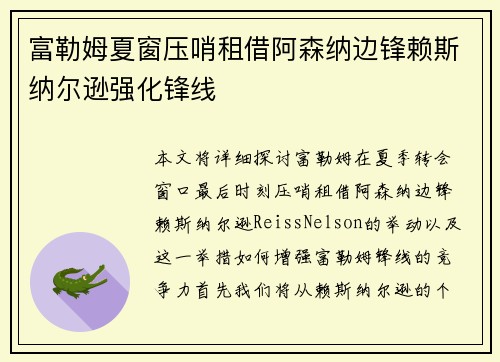 富勒姆夏窗压哨租借阿森纳边锋赖斯纳尔逊强化锋线 富勒姆夏窗压哨租借阿森纳边锋赖斯纳尔逊强化锋线